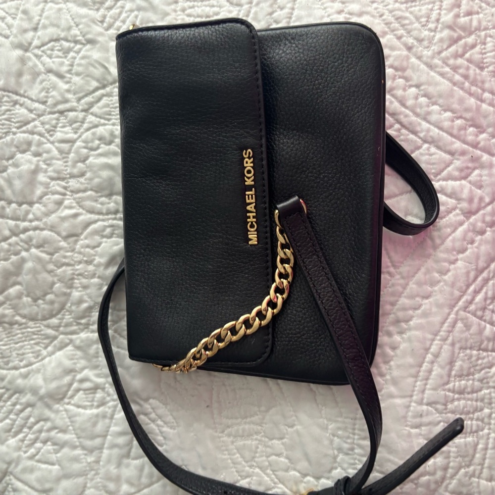 Michael Kors Black Leather Crossbody Bag with Gold Chain